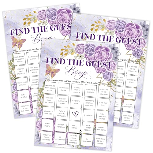 Qoqxjodd Lilac Gold Butterfly Find The Guest Bingo-Spiel, Babyparty-Spiel, Packung mit 30 Spielkarten, geschlechtsneutraler Junge oder Mädchen, lustiges Babyspiel und Aktivität - FA01 von Qoqxjodd