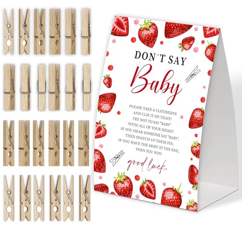 Strawberry Don't Say Baby Spiel für Babyparty, Packung mit einem 12,7 x 17,8 cm Schild und 50 Stück Mini-Wäscheklammern, beerensüße Babyparty-Dekoration, geschlechtsneutrales Partyzubehör - SC12 von Qoqxjodd