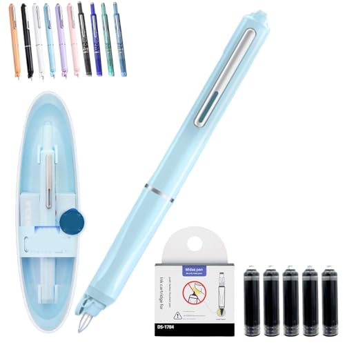 Protectivemethod Füllfederhalter, einziehbar, 0,38 mm, blaue und schwarze Tinte, transparenter Schaft für gleichmäßiges Schreiben, kein Auslaufen (Schwarz (nicht löschbar)-F) von Qosneoun
