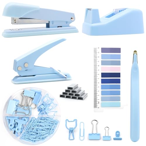 Blaues Bürobedarf und Schreibtischzubehör, Hefter und Klebebandspender-Set, blaues Schreibtischzubehör-Set, niedliches Bürobedarf-Set für Frauen, Geschenk für Studenten, Kollegen, Chef von QpenguinBabies