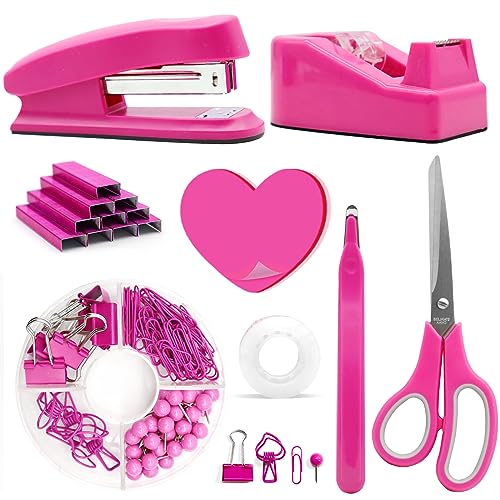 Hot Pink Bürobedarf, Hot Pink Schreibtischzubehör, Hefter und Klebebandabroller-Set für Frauen mit Hefter, Klebebandspender, Heftklammerentferner, Heftklammern, Clips, Schere und Haftnotizen für von QpenguinBabies