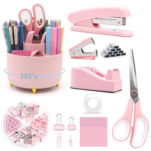 QpenguinBabies Pink Desk Accessories, Rotating Pen Holder Set,Pink Office Supplies with Pink Stapler and Tape Dispenser Set, Gifts for Office Clerks,Student von QpenguinBabies
