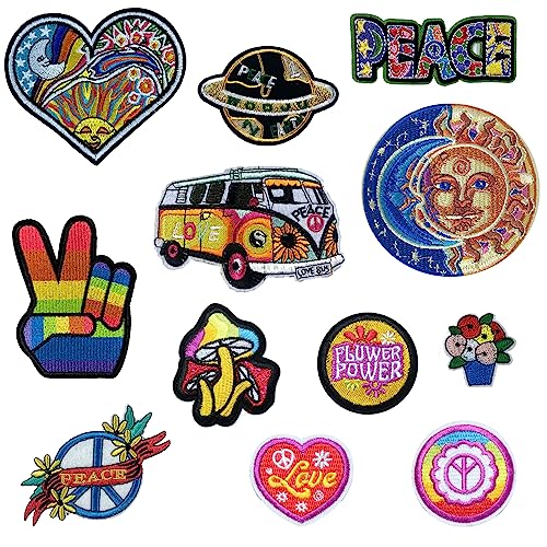 Qpout 12 Stück Hippie-Aufnäher zum Aufbügeln, Vintage-Aufnäher, Peace-Zeichen, Reparatur, dekorativer Aufnäher für Kleidung, Design, Rucksack, Jacken, Jeans, Hemd, DIY, Basteldekorationen von Qpout