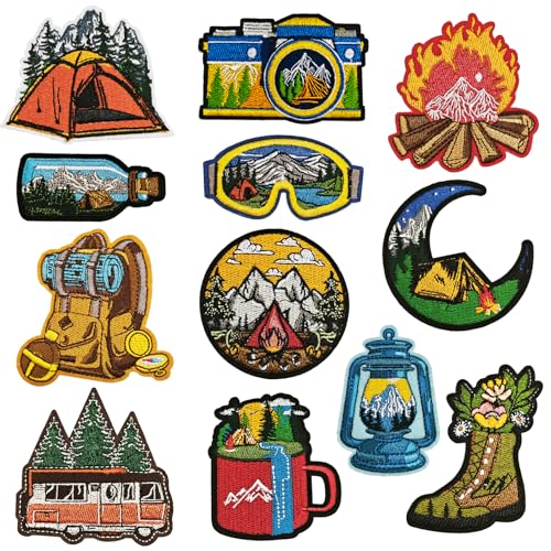 Qpout 12pcs Camping Bügeleisen auf Patches, Abenteuer Outdoor Wandern Natur Landschaft bestickt Reparatur Dekoraktive Applikation Patch Kit für Kleidung Rucksack Jeans Jacken Kappe DIY Handwerk von Qpout