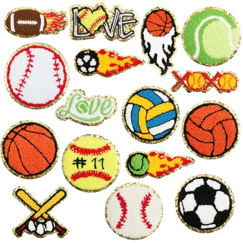 Qpout 16Pcs Sport Thema Bügel Auf Patches, Gold Kanten Glitter Chenille Basketball Baseball Fußball Volleyball Bestickt Reparatur Dekoraktive Patches für Aufnähen Kleidung Hut DIY Handwerk von Qpout