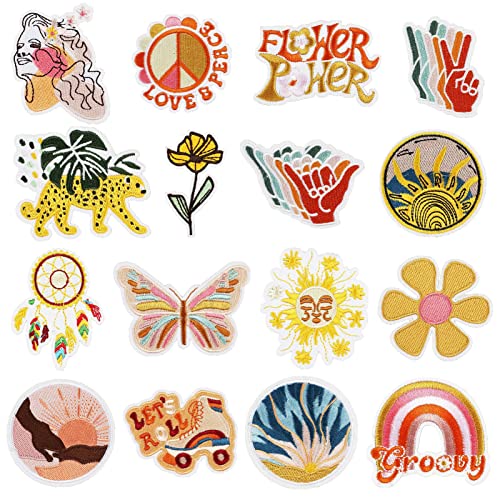 Qpout 16pcs Groovy Retro Hippie Bügeln auf Patches Nähen, Kinder Bügeln auf Knie Patches Boho Reparatur Patches Gestickte Patches Aufnähen Bestickte Applikation DIY Zubehör für Kleidung Rucksack von Qpout