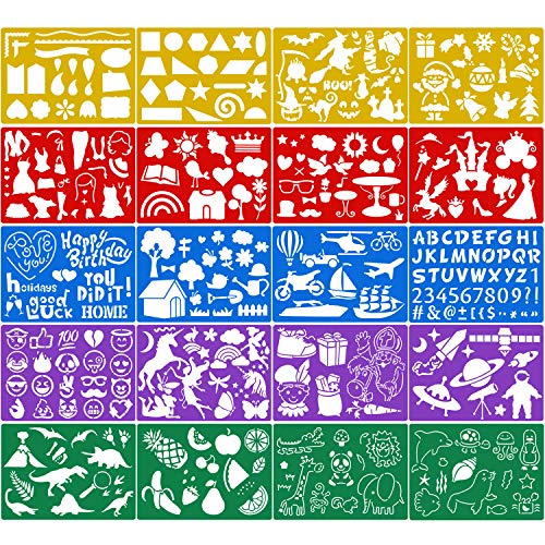 Qpout 20 Stück Farbzeichnung Schablonen für Kinder, Plastikmalerei Schablonen für Kinder Geburtstag Halloween Weihnachten Dinosaurier Party Mitgebsel Geschenkzubehör Vorschule Malwerkzeug von Qpout