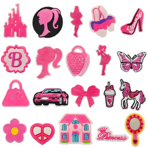Qpout 20 Stück Prinzessinnen Patches zum Aufbügeln, Rosa Flicken für Textilien, Bügelbilder für Mädchen, Aufnäher für Kleidung, Rucksack, Jacken, Jeans, Shirt von Qpout
