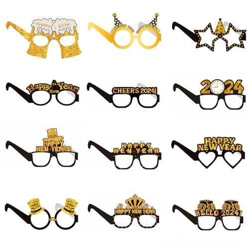 Qpout 2024 Silvester Brillen Dekoration, 24 Paar Frohes Neues Jahr-Brillen, Schwarzgold 2024 Neujahrs Brillen, Frohes Neues Jahr-Party Foto-Requisiten, Neujahrs-Partyzubehör von Qpout