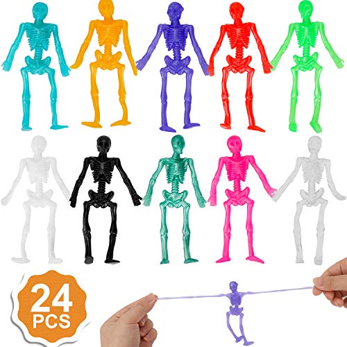 Qpout 24 Stück Einziehbare Skeleton Spielzeug, Random 10 Color Schädelspielzeug, für Kinder Halloween Geburtstagsgeschenk, Klassenzimmerpreise Mitgebsel von Qpout