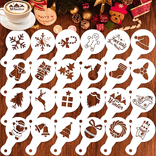 Qpout 24 Stück Frohe Weihnachten Plätzchen Kaffee Schablonen Backschablonen, wiederverwendbare waschbare Kuchen Süßigkeiten Zeichenvorlagen, Schnee Lebkuchenmann Dekoration Malform Sprühwerkzeuge von Qpout