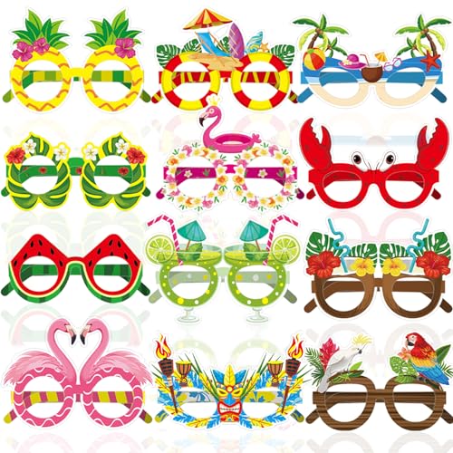 Qpout 24Pcs Luau Party Dekorationen Brille Lustige Hawaii Papier Brille Tropische Kostüm Requisiten Brillenrahmen für Sommerstrand Hawaii Feiertagsparty Thema Gefälligkeiten Zubehör Dekoration von Qpout