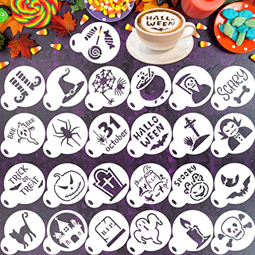 Qpout 25 Stück Halloween Plätzchen Kaffee Schablonen Backschablonen, Wiederverwendbare, Waschbare Kuchen Süßigkeits Zeichnungsvorlagen, Süßes oder Saures Schädel Geist Dessert Malform von Qpout