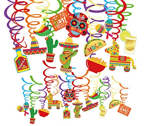 Qpout 30 PCS Mexikanische Hanging Swirl Dekoration, Day of The Dead wirbelt Dekoration Set Dia de los Muertos deko Spiralverzierung Kaktus, Hut, Flasche, Paprika, Totenkopf Spirale Dekoration von Qpout