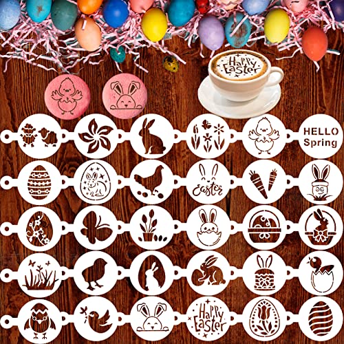 Qpout 30 Stück Ostereier, Kaffeeschablonen Keksschablonen, Ostereier Hase Kunststoff-Malschablonen für Latte Kuchen Fondant Schokolade Süßigkeiten Karten Geschenke Fenster Dekoration von Qpout