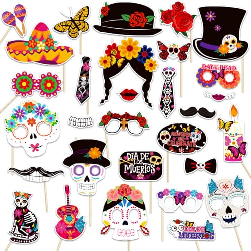 Qpout 30Pcs Dia de Los Muertos Photo Booth Requisiten, Mexikanischer Tag der Toten Zucker Schädel Masken Selfie Requisiten für Cinco de Mayo Halloween Fiesta Party Zubehör Gefälligkeiten Qpout 30Pcs Dia de Los Muertos Photo Booth Requisiten, Mexikanischer Tag der Toten Zucker Schädel Masken Selfie Requisiten für Cinco de Mayo Halloween Fiesta Party Zubehör Gefälligkeiten von Qpout