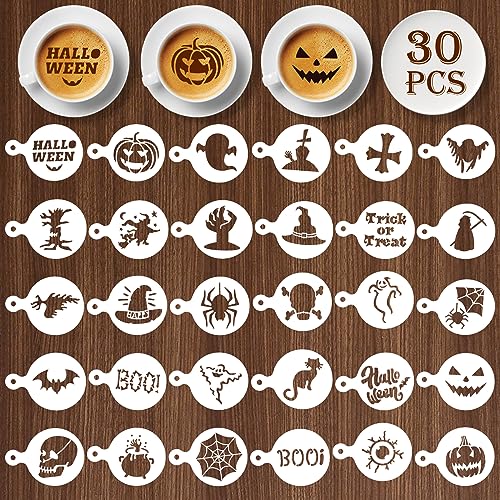 Qpout 30 Stück Halloween-Kaffee-Schablonen Niedliche Halloween-Kuchenschablonen-Schablonen-Dekoration für Halloween-Party-Gefälligkeiten Kuchen-Kaffee-Zubehör Halloween-Handwerk DIY Backen von Qpout