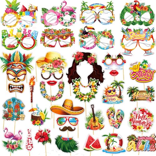 Qpout 38-teiliges Hawaii-Fotobox-Zubehör Set - Tropische Luau-Party Deko mit Blumen-Brillen für Strandhochzeiten & Sommerfeste von Qpout