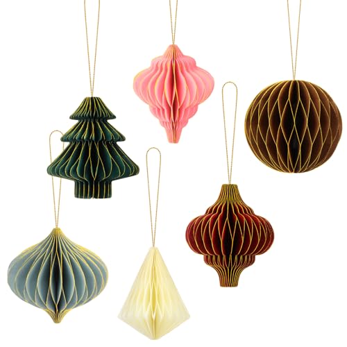 Qpout 6 Pcs 3D Weihnachten Honeycomb Bälle Party Dekorationen Glitter Rand Papier Honeycomb Ornamente für Weihnachtsbaum Weihnachten Decke Dekor Urlaub hängende Dekorationen von Qpout