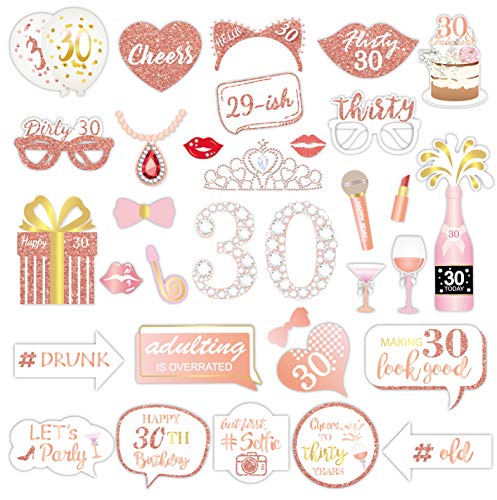Qpout Rose Gold 30 Geburtstag Foto Requisiten (32Stück), Geburtstagsfeier lustige Fotorequisiten für Frauen 30. Geburtstag Party Photo Booth Props Dekoration Accessoires, mit Bambusstöcken&Aufkleber von Qpout
