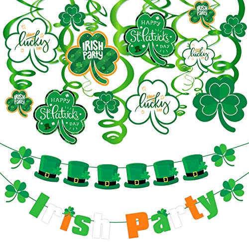 Qpout St.Patricks Day Hängende Dekoration, 30 Stück hängende grüne Kleeblattwirbel und 2 Banner, Irland St.Patricks Day Party Dekor Qpout St.Patricks Day Hängende Dekoration, 30 Stück hängende grüne Kleeblattwirbel und 2 Banner, Irland St.Patricks Day Party Dekor von Qpout