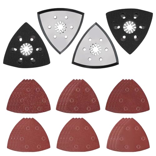 4 Stück 93 mm Schleifplatte Dreieck, Fein Schleifplatte, Multitool Schleifteller mit 24 Dreieckschleifer Schleifpapier, für Schleifen Und Polieren(40/60/80/120/180/240) (braun) von Qquioeciuoe