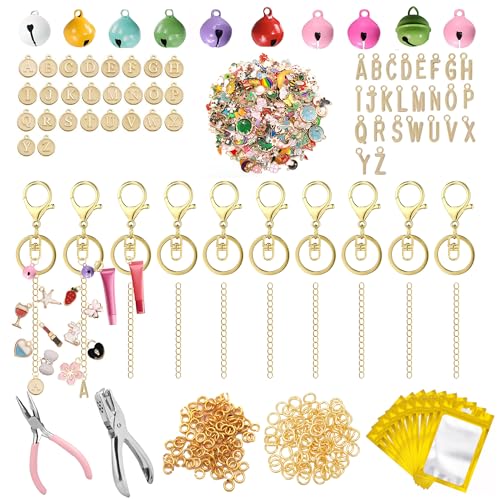 Qrhky Lipgloss-Schlüsselanhänger-Set, DIY-Schlüsselanhänger-Set mit rosa Emaille-Alphabet-Charms, Ketten und Glocken, tolles Geschenk für Mädchen und Jugendliche, ideal für Klassenprojekte und von Qrhky