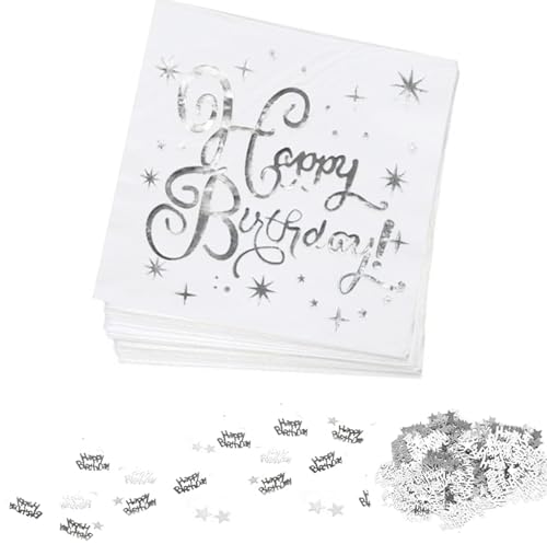 40 PCS Servietten Happy Birthday, Weiß Gold Happy Birthday Papierservietten Geburtstag Party Servietten Premium Stoffähnlich Tischdeko mit Happy Birthday-Konfetti für Geburtstagsfeier (Silber) von Qtksceadlnce
