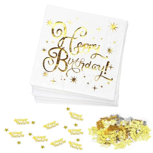 40 PCS Servietten Happy Birthday, Weiß Gold Happy Birthday Papierservietten Geburtstag Party Servietten Premium Stoffähnlich Tischdeko mit Happy Birthday-Konfetti für Geburtstagsfeier (Gold) 40 PCS Servietten Happy Birthday, Weiß Gold Happy Birthday Papierservietten Geburtstag Party Servietten Premium Stoffähnlich Tischdeko mit Happy Birthday-Konfetti für Geburtstagsfeier (Gold) von Qtksceadlnce