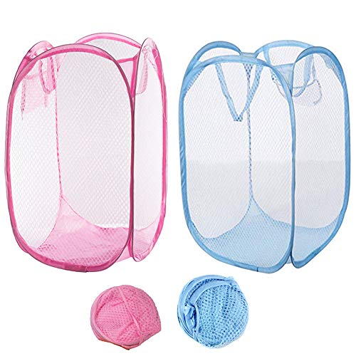 Qtopun Wäschekorb aus Netzstoff, faltbar, 2 Stück, tragbar, schmutzig, faltbar, für Schlafzimmer, Kinderzimmer, Studentenschlafsaal und Reisen Light Blue+pink von Qtopun