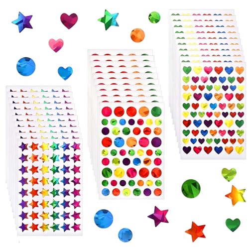 1710 Stück Glitzer Aufkleber, 30 Blatt Glitzer Stern Sticker Herz-Aufkleber Runde Aufkleber, Bunte Laser Aufkleber, Belohnungsaufkleber für Kinder für Klassenzimmer Büro DIY Lehrer Belohnung von QttvbTna