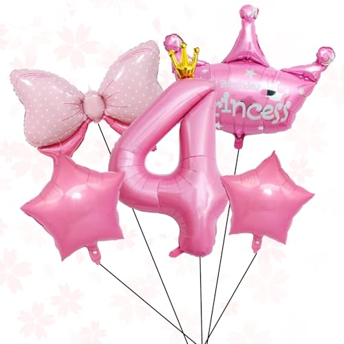 5pcs Premium 4th Birthday Kinderparty Dekoration mit rosa Krone Nummer 4 als Thema mit metallischen Luftballons, wiederverwendbare Aluminiumfolienballons für 4. Geburtstag Feier von QttvbTna