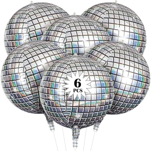 6 Stück 28 Zoll 4D Discokugel Luftballons, Metall Spiegel Silber Runde Luftballon Groß Disco Laser Folienballon, für Disco Thema Geburtstag Party Dekoration und Zubehör von QttvbTna