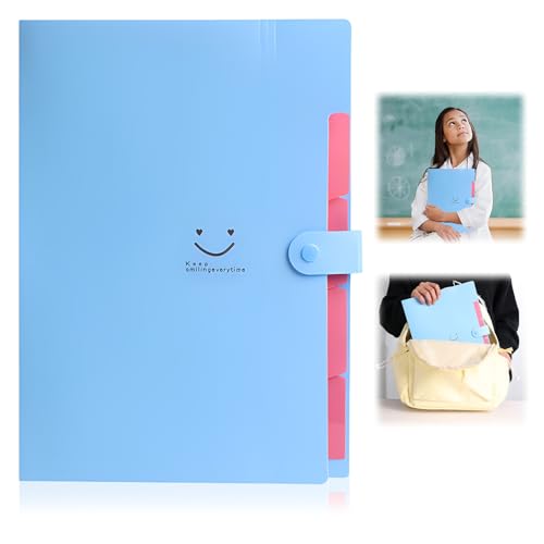 Dokumentenmappe A4, Fächermappe 4 fächer Kunststoff Ordnungsmappe mit 5 Tasche Document Organizer Folder Mappe Mit Fächern Für Dokumente, Belege Schulmaterial Bürobedarf (Blau) von QttvbTna