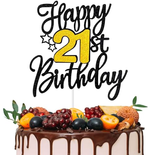 Happy 21st Birthday Cake Topper Schwarz Gold Glitzer Happy 21st Birthday, Cheers to 21 Years, 21 Fabulous Cake Decoration for Birthday Theme Happy 21st Birthday Party von QttvbTna