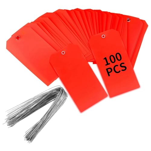 Qtynudy 100 Stück 4 3/4 X 2 3/8 Kunststoff-Versandetiketten mit Drähten, Leere Beschriftungsetiketten, Wasserdichte Hängeetiketten (Rot), Einfache Installation von Qtynudy
