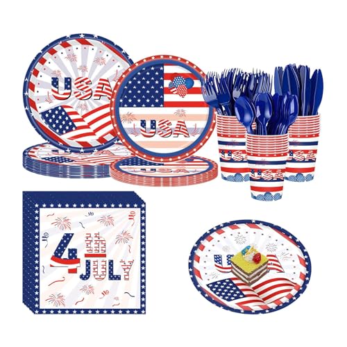 Geschirrset zum Unabhängigkeitstag, patriotisches Geschirrset mit amerikanischer Flagge,Partybesteck zum Unabhängigkeitstag | Patriotische Pappteller, Servietten, Becher für Veteranen, Zubehör für Ged von Quaeetyu