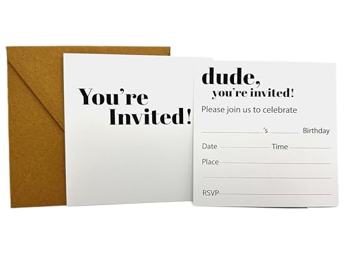 Dude You're Invited – Lustige Geburtstagseinladungen für Teenager, 10,2 x 10,2 cm, 25 Karten + 25 Kraftpapier-Umschläge, mattes Finish, Bruh Buddy Stil, quadratische Einladungen mit rustikalen von QualityVibe