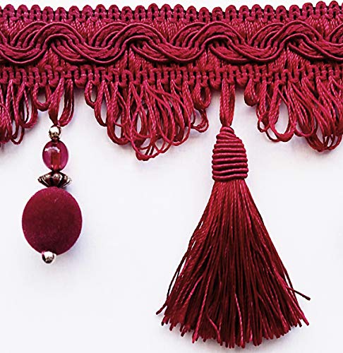 (DE) Luxus Quastenborte mit Perlen ab 1m Breite 8 cm Farbe Rot Meterware m.Quasten Dekoborte Zierborte m. Troddeln Vorhangborte Bordüre Jugendstil Barock von Quastenborte
