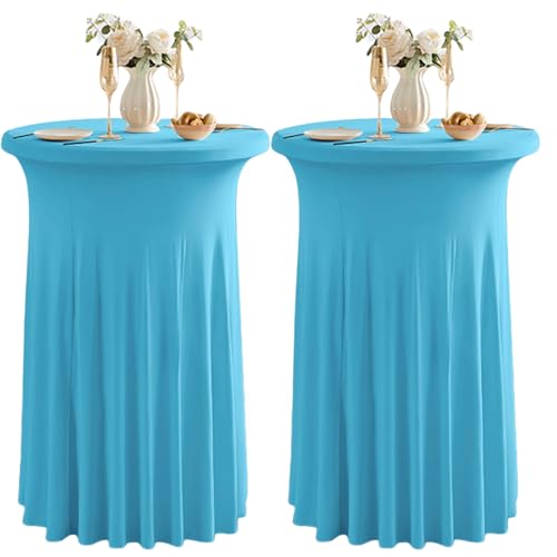 2 Pack Runde Cocktail-Tischdecken mit Rock Stretch Spandex Tischtuch 24x43 Zoll Cocktail Runde Tischdecke für Party Hochzeit Geburtstag Bankett, Azure von Qubjus