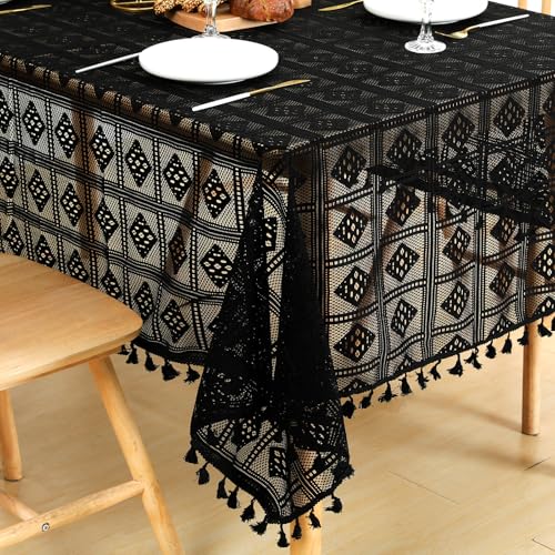 Qubjus Rechteckige Tischdecke aus Spitze, Vintage, knitterfrei, Hochzeitsdekoration mit Quasten für Brautpartys, Empfänge und Jubiläen (schwarze Raute, 140 x 178 cm) von Qubjus