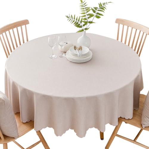 Runde Leinen Tischdecke abwaschbar Knitter Feste Farbe Tischdecke mit Spitze für Home Decor Küche (Beige, Rund-62inch) von Qubjus