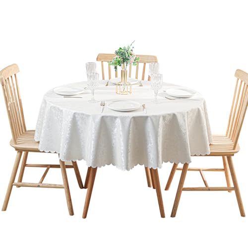 Vinyl-Spitzentischdecke rund Heavy Duty Jacquard-Tischdecke wasserdicht spritzwassergeschützt für Tischabdeckung, Rund-48 Zoll, Weiß von Qubjus