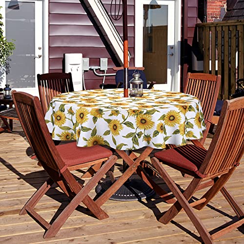 Qucover Runde Tischdecke mit Loch für Sonnenschirm, 150 cm Outdoor-Tischdecke mit Reißverschluss, Wasser- und Schmutzabweisend Tischdecke mit Schirmloch für den Außenbereich, Sonnenblume von Qucover