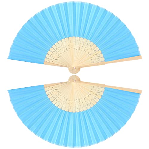 Faltbare Handfächer, 2 Stück Seide Stoff Bambus Chinesische Hochzeitsfächer für Herren und Frauen Faltfächer für Hochzeit Aufführung Tanz Deko Festival (See Blau, Klassischer Stil) von Queekay