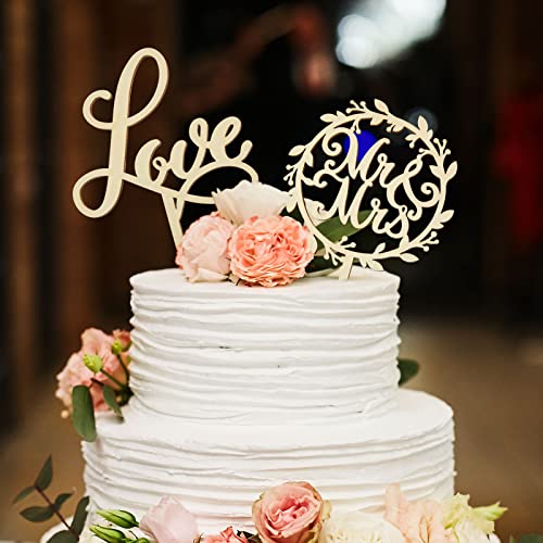 Hochzeits Kuchen Topper aus Holz 2-teiliges Set mit Mr & Mrs Aufschrift, Rustikale Torten-Deko für Hochzeitstag, Jubiläum oder Romantische Feiern, Wiederverwendbare Buchstaben-Dekoration (Love Stil) von Queekay