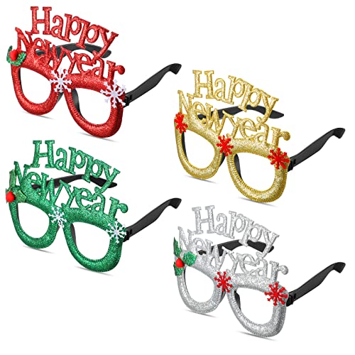 Queekay 4 Stück Frohes Neues Jahr Brillen Glitzer Weihnachten Brillen, Happy New Year Brillen, Neujahr Partybrillen, Lustige Brillen Foto Requisite für 2024 Silvester Party Dekorationen von Queekay