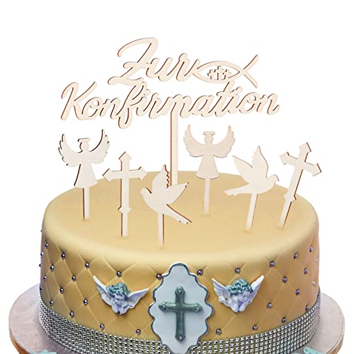 Queekay 7 Stück Tortendeko Konfirmation Holz Topper Taube Kreuz Engel Konfirmation Tortenstecker Taufe tortenaufleger Cupcake Kuchen Dekoration für Konfirmation Mädchen Junge Gastgeschenke von Queekay