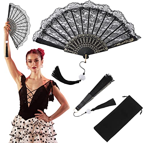 Schwarze Spitze Handfächer Faltbares Hochzeit Fächer Einlagiges Handfächer mit Quaste Kunststoff Spanisches Handheld Fächer für Frauen Halloween Kostüm Tanzen Party Deko, 9,5 Zoll von Queekay