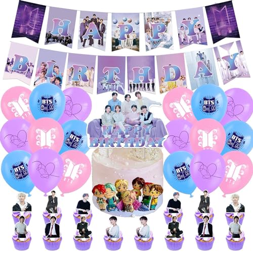 BTS Bangtan Boys Geburtstagsparty-Zubehör, Party-Dekorationsset beinhaltet Luftballons, Banner, Kuchen-Cupcake-Aufsätze, Tischdecke für Fans, Themenparty-Gastgeschenke von Queenwiff